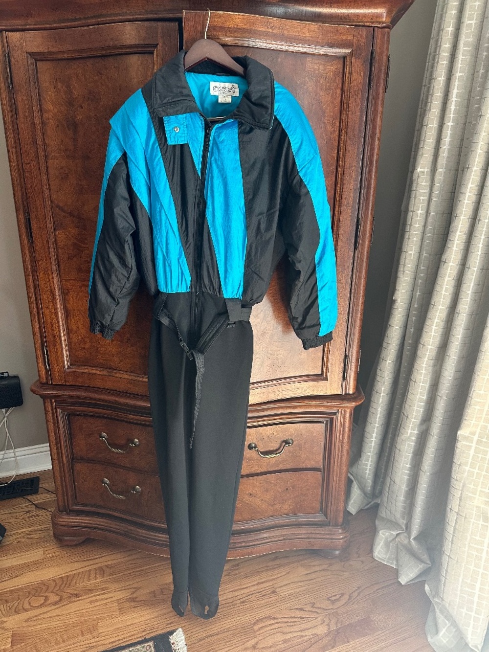 Vintage 1980's OSSI Skiwear One Piece Ski Suit- Sz 12 Black/Turqoise